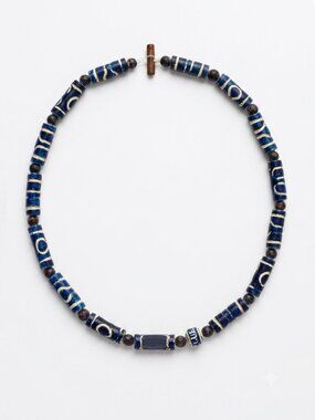 Vintage Artisanal Hand-Painted Blue & White "CUBA" Wooden Bead Choker Necklace
